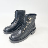 CHANEL BLK QUILTED LEA COMBAT BOOTS SZ 37.5