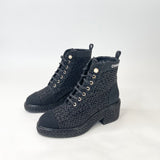 CHANEL BLK & SILVER TWEED & PEARL LACE UP BOOTS  sz 38