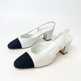 CHANEL WHT TWEED & BLK CAP TOE SLINGBACKS sz 38.5