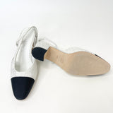 CHANEL WHT TWEED & BLK CAP TOE SLINGBACKS sz 38.5