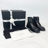 CHANEL BLK QUILTED LEA COMBAT BOOTS SZ 37.5