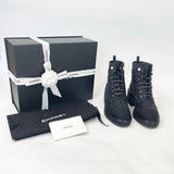 CHANEL BLK & SILVER TWEED & PEARL LACE UP BOOTS  sz 38