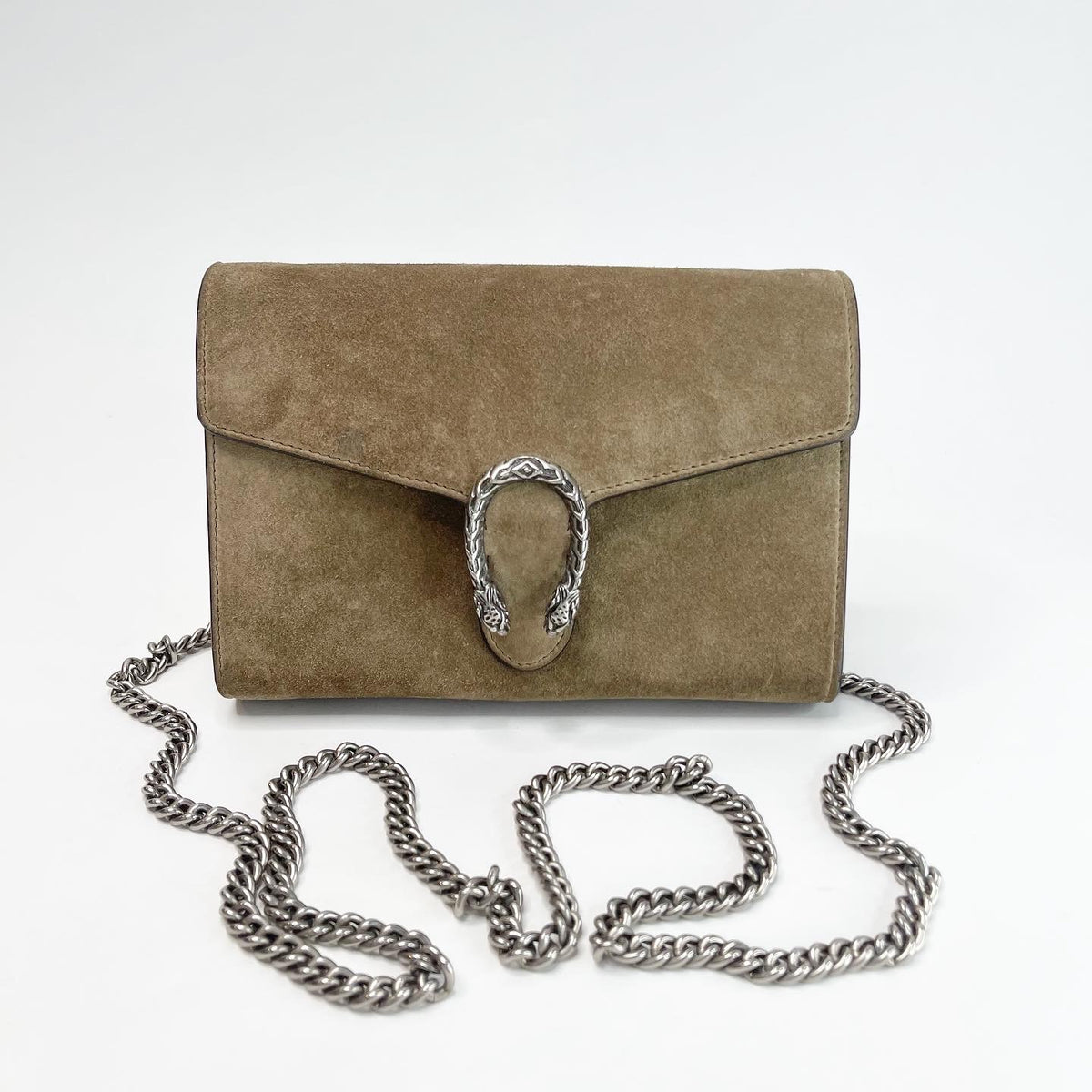 GUCCI DIONYSUS OLIVE GREEN SUEDE CHAIN WALLET CROSSBODY BLuxe