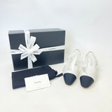 CHANEL WHT TWEED & BLK CAP TOE SLINGBACKS sz 38.5