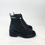 CHANEL BLK & SILVER TWEED & PEARL LACE UP BOOTS  sz 38