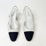 CHANEL WHT TWEED & BLK CAP TOE SLINGBACKS sz 38.5