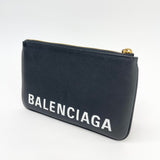 BALENCIAGA VILLE BLK LEA LOGO ZIP POUCH / CLUTCH