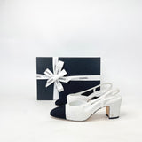 CHANEL WHT TWEED & BLK CAP TOE SLINGBACKS sz 38.5