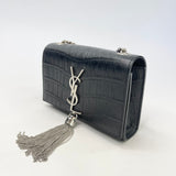 SAINT LAURENT YSL BLK CROC EMBOSSED LEATHER KATE TASSEL CHAIN CROSSBODY