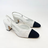 CHANEL WHT TWEED & BLK CAP TOE SLINGBACKS sz 38.5