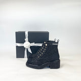 CHANEL BLK & SILVER TWEED & PEARL LACE UP BOOTS  sz 38