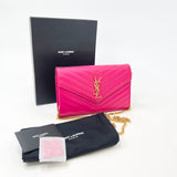 SAINT LAURENT CASSANDRE CHAIN WALLET/ CROSSBODY IN HOT PINK GRAIN DE POUDRE LEA & GHW
