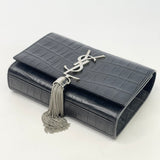 SAINT LAURENT YSL BLK CROC EMBOSSED LEATHER KATE TASSEL CHAIN CROSSBODY