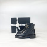 CHANEL BLK QUILTED LEA COMBAT BOOTS SZ 37.5