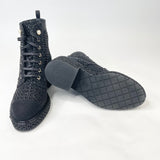 CHANEL BLK & SILVER TWEED & PEARL LACE UP BOOTS  sz 38