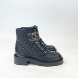 CHANEL BLK QUILTED LEA COMBAT BOOTS SZ 37.5