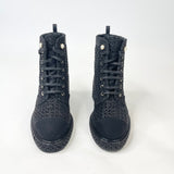 CHANEL BLK & SILVER TWEED & PEARL LACE UP BOOTS  sz 38
