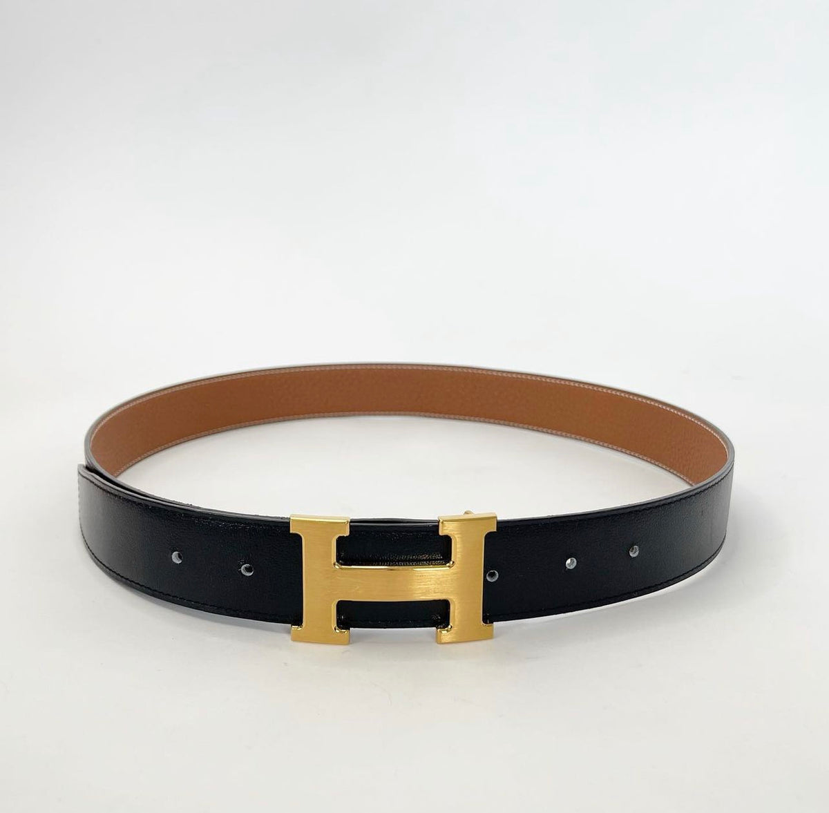 HERMES H GOLD BELT BUCKLE + NOIR/ GOLD REVERSIBLE BELT 85