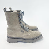 BRUNELLO CUCINELLI GREY SUEDE & FUR LINED W CASHMERE LACE ANKLE BOOTS