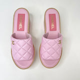 CHANEL PINK QUILTED LEA & WOOD SLIDES SZ 38