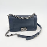 PRE LOVED CHANEL MEDIUM BOY NAVY IN CALFSKIN LEA W RHW