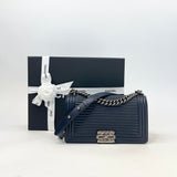 PRE LOVED CHANEL MEDIUM BOY NAVY IN CALFSKIN LEA W RHW