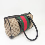 GUCCI BRN LEA & GG CAVAS BOSTON SHOULDER TOTE