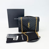 SAINT LAURENT ENVELOPE IN BLK CHEVRON GRAIN DE POUDRE EMBOSSED LEA & GHW - BLuxe Boutique
