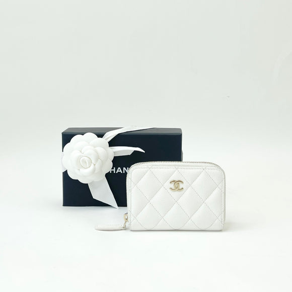 CHANEL CLASSIC ZIP COIN/ CARD CASE IN WHT CAV LEA & GHW