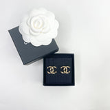 CHANEL CC PEARL & BLK CRYSTAL GOLD TONE  LARGE STUD EARRINGS