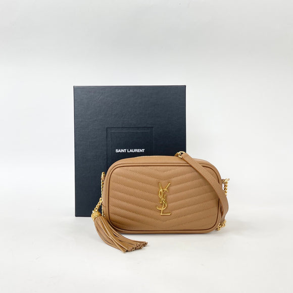 SAINT LAURENT MINI LOU CAMERA IN COGNAC CHEVRON GRAIN DE POUDRE LEA & GHW