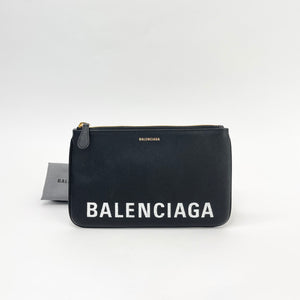 BALENCIAGA VILLE BLK LEA LOGO ZIP POUCH CLUTCH BLuxe Boutique