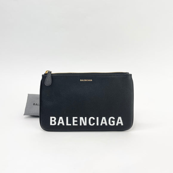 BALENCIAGA VILLE BLK LEA LOGO ZIP POUCH / CLUTCH