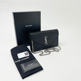 SAINT LAURENT CASSANDRE CHAIN WALLET/ CROSSBODY IN BLK GRAIN DE POUDRE LEA & SHW