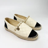 CHANEL CHAIN BEIGE & BLK QUILTED LEA ESPADRILLES sz 34