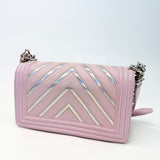 CHANEL BOY IN LIGHT PINK & IRIDESCENT METALLIC CHEVRON CALFSKIN LEA & SHW - BLuxe Boutique