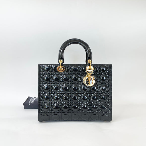 CHRISTIAN DIOR LADY DIOR LARGE TOTE IN BLK PATENT LEA & GHW