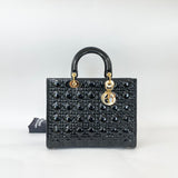 CHRISTIAN DIOR LADY DIOR LARGE TOTE IN BLK PATENT LEA & GHW