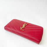 SAINT LAURENT CASSANDRE MATELASSE ZIP LONG WALLET IN RED GRAIN DE POUDRE LEA & GHW