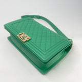 CHANEL LARGE GREEN QUILTED LMSKN LEATHER & LT GHW BOY BAG