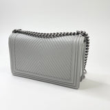 CHANEL LARGE GREY CHEVRON LMSKN LEATHER & RUTHENIUM HW BOY BAG