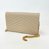 SAINT LAURENT CASSANDRE CHAIN WALLET/ CROSSBODY IN BEIGE GRAIN DE POUDRE LEA & GHW