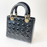 CHRISTIAN DIOR LADY DIOR MEDIUM IN BLK PAT & GHW W STRAP