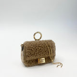 FENDI NANO BAGUETTE BAG CHARM / CROSSBODY BRN SHEARLING & GHW