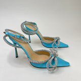 MACH & MACH DOUBLE BOW TURQUOISE SILK PUMPS sz 38.5