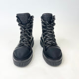 CHANEL BLK LEA & CAP TOE LACE UP COMBAT BOOTS SZ 38.5