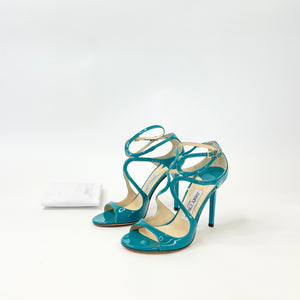 JIMMY CHOO AZIA TEAL PAT LEA SANDALS sz 36.5