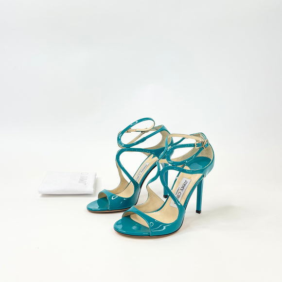 JIMMY CHOO AZIA TEAL PAT LEA SANDALS sz 36.5