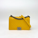 CHANEL MEDIUM BOY BAG IN YELLOW QUILTED LAMBSKIN & RUTHENIUM HW