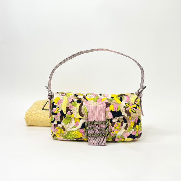 FENDI MULTI COL EMBRODERED FLOWER & OMBRÉ LIZARD LEA BAGUETTE BAG